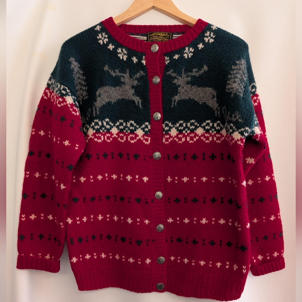 Vintage Eddie Bauer Wool Red Green Reindeer Fair Isle Knit Cardigan Sweater - S